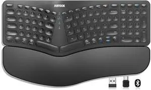 Arteck Ergonomic Keyboard with Cushioned Wrist Palm Rest, Multi-Device Wireless Bluetooth with USB-A USB-C Receiver Comfortable Ergonomic Split Keyboard, for Windows Computer Laptop PC Tablet