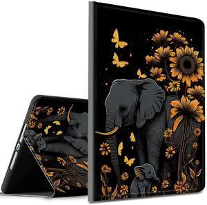 Case for Amazon Kinlde Fire HD 10 Tablet Case (9th/7th/5th Generation 2019/2017/2015 Release) Slim Premium PU Leather Smart Folio Stand Cover with Auto Wake Sleep,Baby Elephant Sunflower