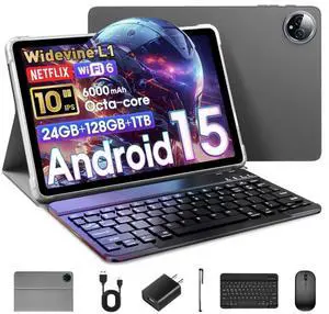 Raemond 10 Inch Tablet Android 15 with Keyboard, 24GB RAM + 128GB ROM (1TB Expand), T615 Octa-Core, 1280x800 IPS HD Display, 5MP+8MP Dual Camera, 6000mAh, Mouse, Widevine L1, GPS