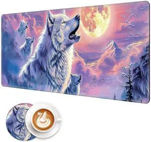 FXIANGWL XXL Gaming Mouse Pad, Wolf Cry Under Moonlight Design, Extra Large Waterproof Desk Mat for Office Gaming, Non-Slip Rubber Base Durable Stitched Edge, Easy to Clean