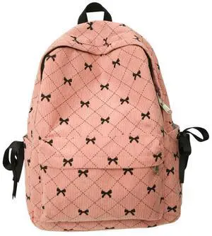 MININAI Cute Bow Print Corduroy Backpack for Women College Preppy Kawaii Coquette Laptop Book Bag Korean Aesthetic Daypack (Pink)