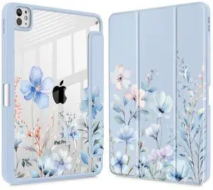 May Chen for iPad Pro 13 Inch Case M5 2025 / M4 2024, Built Pencil Holder & Clear Transparent Print Back Shell Slim Stand Shockproof Tablet Cover, Auto Wake/Sleep, Blue Flowers
