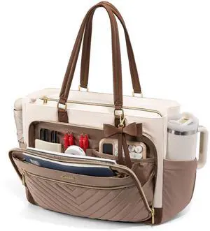 LOVEVOOK Laptop Tote Bag for Women, Work Bag Teacher Tote with Large Cup Holder, Quilted Nurse Diaper Bag for Travel, College Computer Women's handbags for Teacher gift, Khaki-beige-coffee, 15.6 Inch