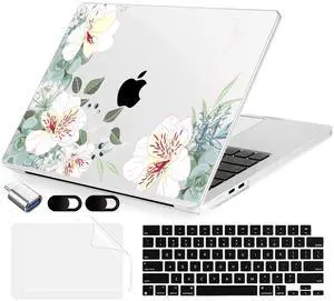 MecBevia Compatible with MacBook Air 15 inch Case, M4 A3241/M3 A3114/M2 A2941 (Released 2025 to 2023), Hard Shell, Keyboard Cover, Screen Protector, Webcam Cover & Type-C Adapter, White Alstroemeria