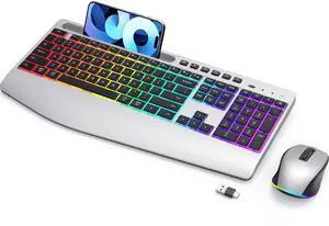 Silver Wireless Keyboard and Mouse Combo - Dual System RGB Backlit Mouse and Keyboard Advanced Optical Tracking, Lag-Free Wireless,Ergonomic Keyboard, 90% Less Noise Silver-V1