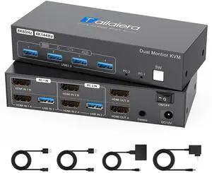 8K HDMI KVM Switch 2 Monitors 2 Computers, 8K@60Hz 4K@144Hz Dual KVM Switch for 2 Computers Share 2 Monitors, Keyboard, Mouse, Hard Drives, with EDID Adaptive, 2*USB Cables,Desktop Controller