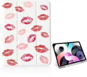 Girly Pink Red Lips Case for iPad 11 inch (A16 Chip) 2025 Generation 11th/iPad 10.9 inch 2022 10th Gen with Pencil Holder and Auto Sleep/Wake,White Leather Soft TPU Back Shell Stand Cover
