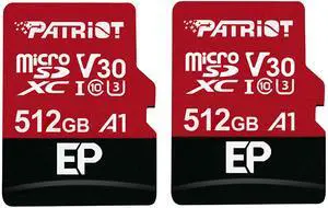 Patriot EP Series 512GB Micro SDXC V30 A1 UHS-I U3 4K UHD Memory Card 2 Pack - PEF512GEP31MCX2