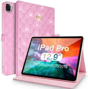AuroiCCY for iPad Pro 12.9 inch 6th/5th/4th/3rd Case (2022/2021/2020/2018), Girly Woman Cute Crown Elegant PU Leather Bling Diamond Smart Auto Wake/Sleep Kickstand Flip Cover for iPad Pro 12.9" (Pink)