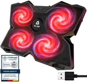 KLIM Wind Laptop Cooling Pad - More Than 500 000 Units Sold - New - The Most Powerful Rapid Action Cooling Fan - Laptop Stand with 4 Fans at 1200 RPM - USB - PS5 PS4 - Red