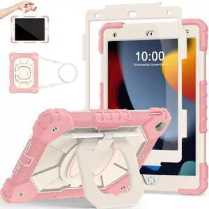Scnioy Case for iPad 9th Generation iPad Case 9th 8th 7th Generation iPad 10.2 Inch iPad 9th Gen Cover with Screen Protector Pen Holder TabletCases for Kids 360° Rotating Stand, Rose White