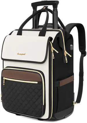 Rolling Backpack for Women, Travel Rolling Laptop Backpack with Wheels, Vertical & Horizontal Storage 2 In 1, Flip-Top Design, Water-Resistant Overnight College Underseat Carry on Luggage, Beige Brown