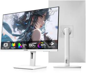 CUNPU 27 Inch White 180/200Hz Gaming Monitor, QHD 2560x1440 Fast IPS PC Monitor, Adaptive Sync, 100% sRGB, HDR10, Built-in Speaker, Height/Swivel/Tilt/Rotating Adjustable Stand, HDMI, Displayport
