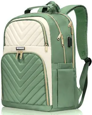 Travel Laptop Backpack for Women, 15.6 Inch Quilted Work Backpack Purse with USB Charging Port, School Backpack for Teens Girls Boys, Large Teacher Student Bookbags, Casual Daypacks, Beige & Green