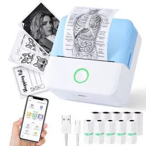Print Pods Mini Printer, Thermal Inkless Sticker Maker with 10 Rolls Printing Paper, Pocket Printpod for phone, Impresora Portátil for Notes, Flashcards, Journal, DIY, Compatible with iOS & Android