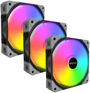 MONTECH E28 ARGB 120mm Case Fan, 28mm Thick Fan for Enhanced Cooling Efficiency, PWM 4-Pin, FDB Bearing, Quiet Low-Noise, 2000RPM, AIO Compatible (Black, 3in1 Pack)