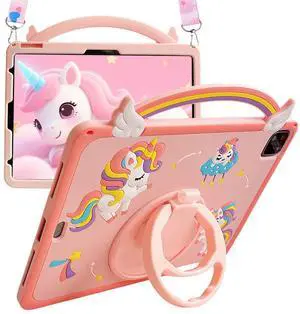 aowner Case for iPad (A16) 11th Generation 11 Inch 2025/iPad 10th Generation 10.9 inch 2022, Kids Friendly Case Girls Teens Cute Cartoon Rainbow Unicorn with Pencil Holder, Strap & Rotating Stand,Pink