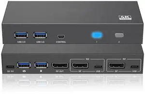 iArkPower DisplayPort USB 3.0 KVM Switch 1 Monitor 2 Computers 8K@60Hz 4K@144Hz KVM Switcher 2 in 1 Out with 4 USB-A, 2 USB-C, Wired Controller for Laptop, Desktop