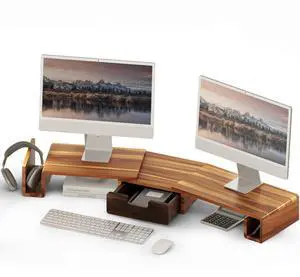 Wooden Dual Monitor Stand Riser with Drawer, 40.4'' Ergonomic Monitor Stand for Desk with Adjustable Length and Swivel Angle, Wooden Desktop Organizer for Laptop, PC, Computer,Printer (Acacia)