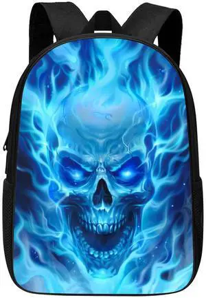 ALIFAFA Gothic Skull Backpack Cool Skull with Blue Fire School Bookbag for Boys Girls Elementary Middle High College School Casual Travel Bag Computer Laptop Daypack Rucksack, 17 Inch