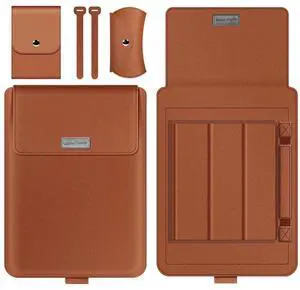 GANGANPRO Laptop Sleeve 13-14" Case with Stand Compatible with Microsoft Surface Laptop 5/4/3/2 13.5", MacBook Air/Pro 13.3", PU Leather Sleeve for 15-16" Laptop Computers - Brown