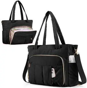 Marscamd Teacher Tote Bag for Work with Accordion Pockets & Crossbody Strap, Large Laptop Tote, Black