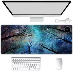 Heated Mouse Pad Hand Warmer, Warm Desk Pad Mousepad Desk Mat with 3 Levels Heating and Auto Shut Down 31.5 x 13 inch PU Leather Warmer Keyboard Mat for Gaming Laptop Office Home, Galaxy Art Forest