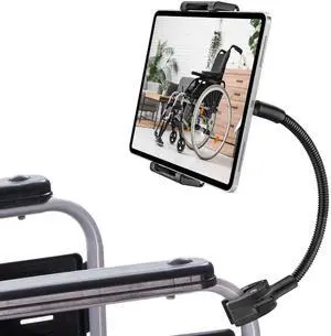 Gooseneck Tablet Holder for Wheelchair, [Supports 15.6-inch] Phone Tablet Mount Pole Bar Clamp [Thick Case Friendly] 360° Rotation Adjustable Arm for 6-15.6" iPad Pro Air Mini, iPhone, Galaxy, Fire HD