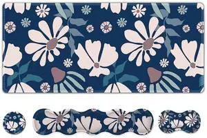 ARTSO Keyboard Mouse Pad Set, Blue Flower Large Gaming Mousepad +Keyboard Wrist Rest +Mouse Wrist Rest +Coaster, Ergonomic Mousepad Memory Foam Cushion for Home Office