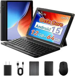 Android Tablet 10 inch, Android 15 Tablet with Keyboard, Mouse, 4G LTE Cellular, IPS Display, MediaTek Octa Core Processor, 12GB+64GB, 2TB Expandable,5G Wi-Fi, GPS, 2-in-1 Tablets with Case