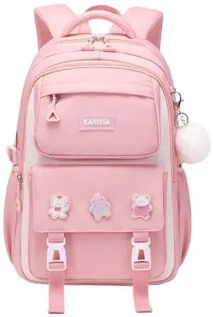 MININAI Cute Backpack for Kids Teen Girls Kawaii Aesthetic Elementary Middle School Student Bookbag Preppy Laptop Backpack for Ages 6-8 8-10 10-12 with Pin Accessories Plush Pendant, Pink