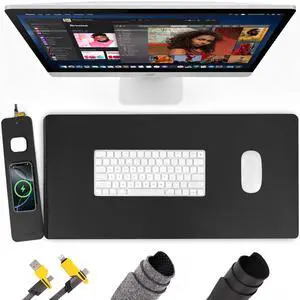 Wireless Charging Mouse Pad, QI2 Compatible Dual Fast Charger, Replaceable Felt & Leather Desk Mat, for Office & Gaming, Large Surface, iPhone & Android Compatible (Leather)