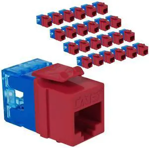 ICC CAT5e Keystone Jack with Slim Profile 180 Degree Punch Down, RJ45 UL Listed PoE++ TAA VoIP Compliant for Wall Plate or Patch Panel, Works with JackEasy Termination Tool, Red 25 Pack