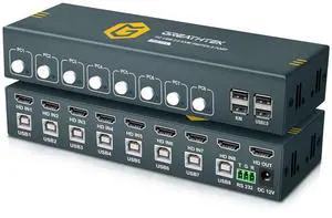 HDMI KVM Switch 8 Port, 4K@30Hz KVM Switch 8 Computers Share 1 Monitor and Keyboard & Mouse, with USB 2.0 Ports, Support Button Switch & Hotkey Switch & RS232, Adaptive EDID, Plug and Play