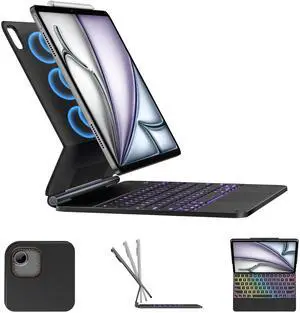 A2C Magic Keyboard Case for iPad Air 13 (M3 2025 / M2 2024) & iPad Pro 12.9 (6th, 5th, 4th Gen), 11-Color Backlit Keyboard with Precision Multi-Touch Trackpad, 135° Adjustable Floating Stand - Black