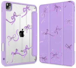 May Chen for iPad Pro 11 inch M2 4th Generation 2022, iPad Pro 11 3rd/2nd/1st Gen, Case with Transparent Shockproof Back Cover [Built-in Pencil Holder, Auto Sleep/Wake, Bows Purple