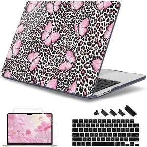 May Chen [2025 New Pattern] for MacBook Air 13.6 inch Case M2 M3 M4 Chip Model: A2681 A3113 A3240, 2022-2025 Release, Hard Shell Cover with Screen Protector & Keyboard Skin - Pink Butterfly & Leopard