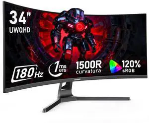 Gawfolk 34 Inch Ultrawide Curved 180Hz Gaming Computer Monitor,1500R PC Screen 21:9 UWQHD (3440x1440),120% sRGB,Adaptive Sync,178° Viewing Angle,Display PortHDMI,Compatible with Wall mounting -Black