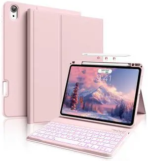 BQDIYOO Case for iPad Air 11-inch M3/M2 (2025/2024), Folio Cover with Pencil Holder for iPad Air 7th 6th 11"/Air 5th 4th Gen 10.9 inch Case with 7-Color Backlit Detachable Bluetooth Keyboard, Pink