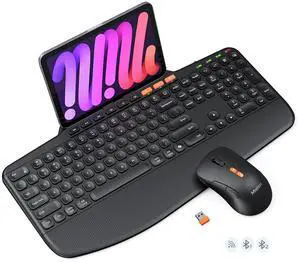 MEETION Wireless Keyboard and Mouse Combo, Ergonomic Keyboard with Wrist Rest, Tablet Holder, Scissor Keys USB/Bluetooth Rechargeable Keyboards, 4DPI Mouse, for Windows/Mac/PC/Laptop/Phone/Tablet