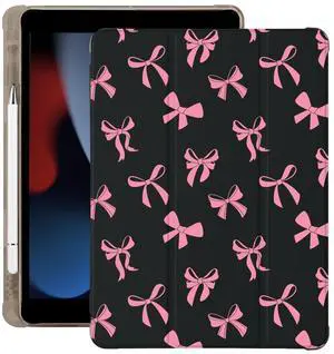 Cute Kawaii Bow for iPad 7th/8th/9th Generation Case with Pencil Holder, Auto Sleep/Wake, Black Leather Soft TPU Back Cover for iPad 10.2 Inch 2019/2020/2021