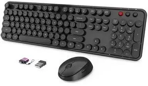 Wireless Keyboard and Mouse Combo, Ergonomic Full Size Typewriter Retro Round Keycaps Keyboard, Compatible with Windows, PC, Perfer for Home and Office Keyboards (Black