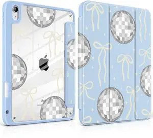 MEEgoodo Case for iPad A16 11th Generation 11 inch 2025/10th Gen 10.9 inch 2022,Cover with Transparent Acrylic Back Shell,Tablet Case with Pencil Holder+Auto Wake/Sleep+ Stand,Silver Disco Balls &Bows