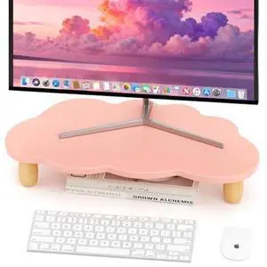 AFOOYO Monitor Stand Riser,Cloud-Shaped Sturdy Wood Computer Monitor Riser, Laptop Monitor Stand, Multi-Purpose Desktop Organizer Riser for Computer, Laptop, Printer, TV,Pink