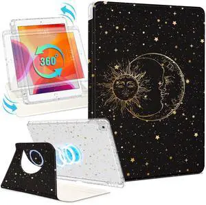 Shorogyt for iPad 9th/8th/7th Generation 10.2 Inch Case Magnetic Stand for Women - Cute Design 360 Degree Rotating Covers Girls Kids with Pencil Holder for Apple i Pad 9/8/7 Gen,Star Moon