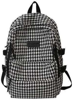 MININAI Vintage Tweed Backpack Aesthetic Houndstooth Print 15.6 Inch Laptop Backpack for Women Men Casual Daypack (One Size,Black)
