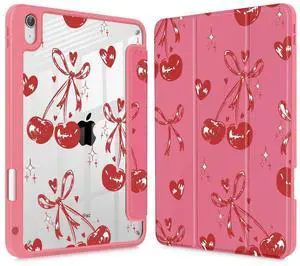 Mektron Case for 2025 iPad 11 inch (A16 Chip) 11th Gen Fit iPad 10th Gen10.9 inch 2022, Buit in Pencil Holder with Shockproof Cover Clear Shell + Trifold Stand + Auto Wake/Sleep, Cherries Bows C288