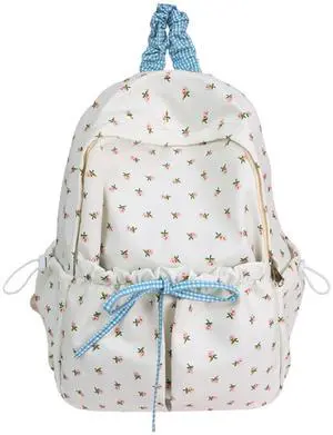 Cute Aesthetic Bow Backpack for Women Kawaii Floral Print Preppy College Book Bag Trendy Coquette Laptop Daypack (White)