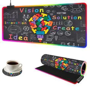 YQE RGB Gaming Mouse Pad, 35.4"x15.7" Desk Mat for Keyboard and Mouse, LED Game Mousepad with 14 Colors Modes, Non-Slip Desk Pad Matt Protector+Coasters-for Home, Office, Desktop Creative Bulb