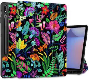 MEEgoodo Case for Samsung Galaxy Tab S10+ 2024/S9 Plus/S9 FE Plus 12.4 inch Cover 2023 with Pen Holder,Tablet Cases with Stand+Soft TPU Back Shell + Smart Auto Wake/Sleep, Bright Flowers&Tropic Leaves